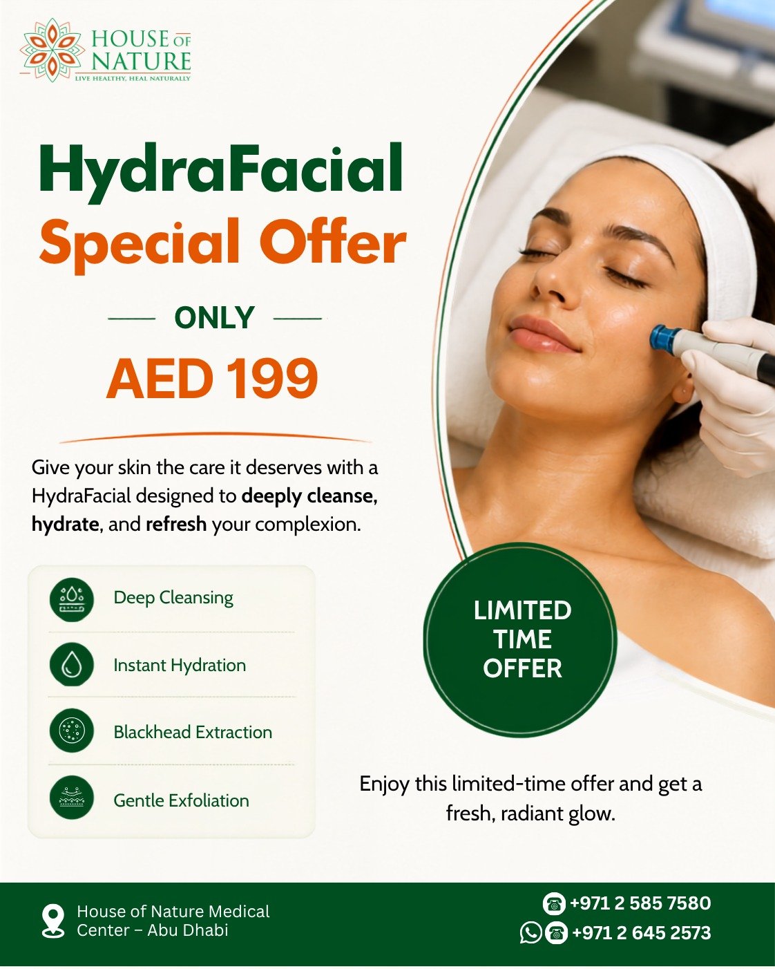 HydraFacial special offer for AED 199 at House of Nature Medical Center