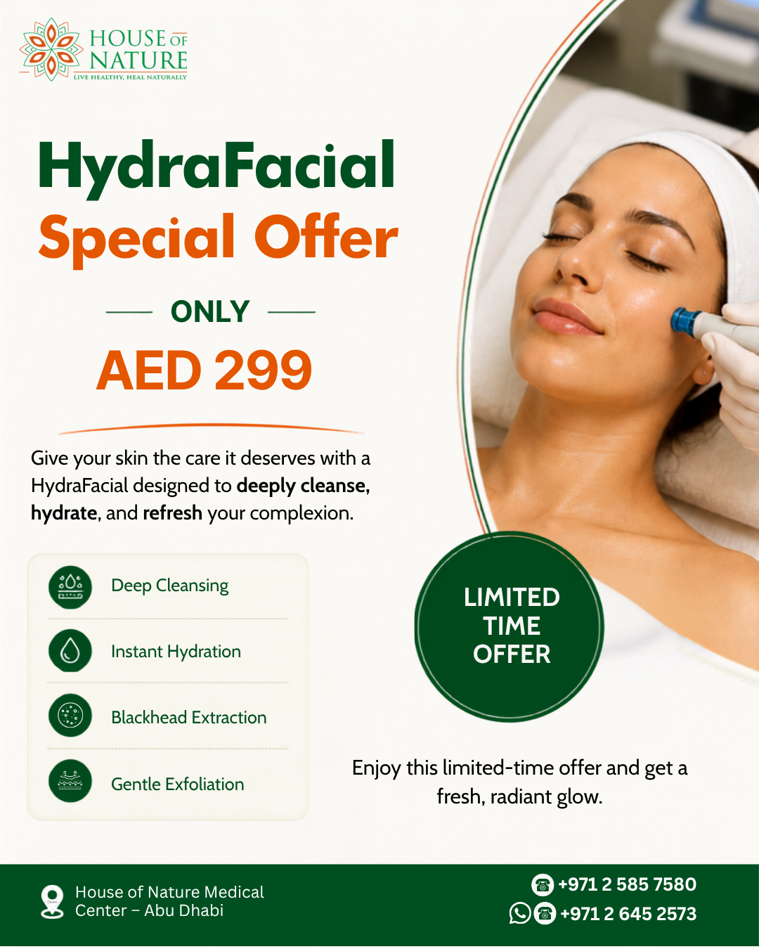 HydraFacial special offer for AED 299 at House of Nature Medical Center